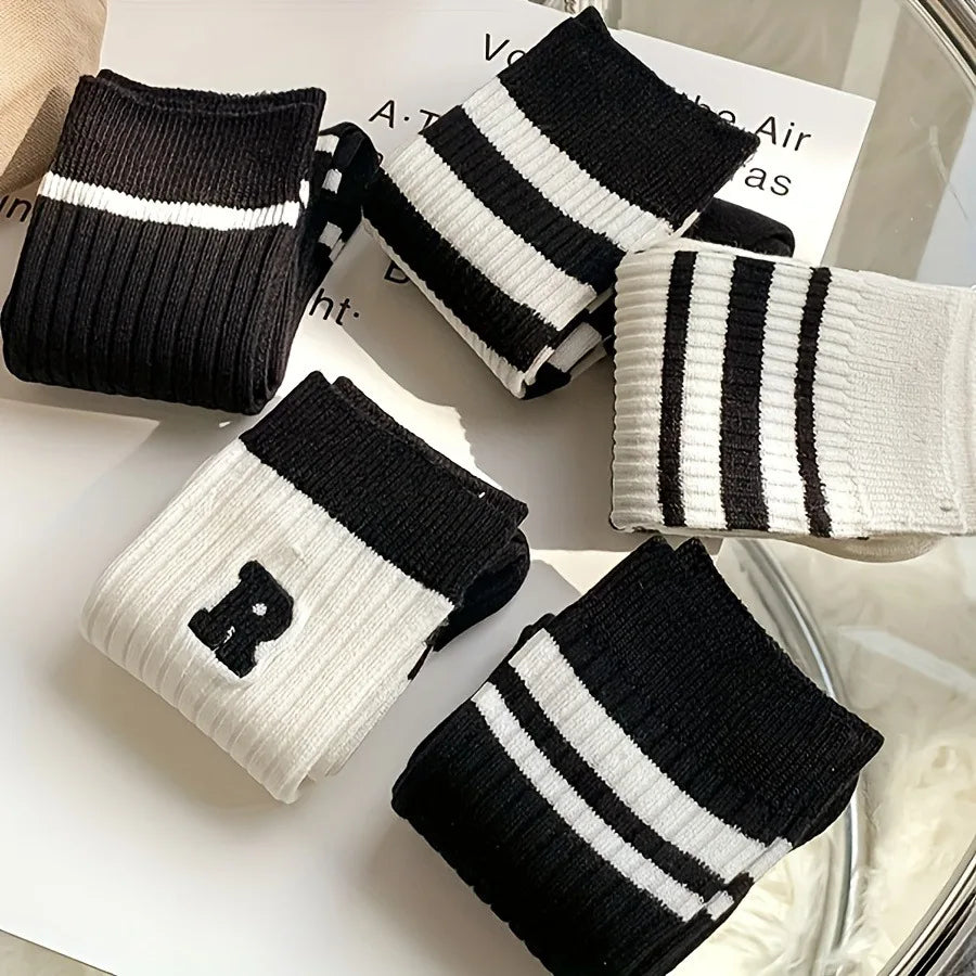 Striped Socks Five Pair Set Casual Unisex Everyday Comfort