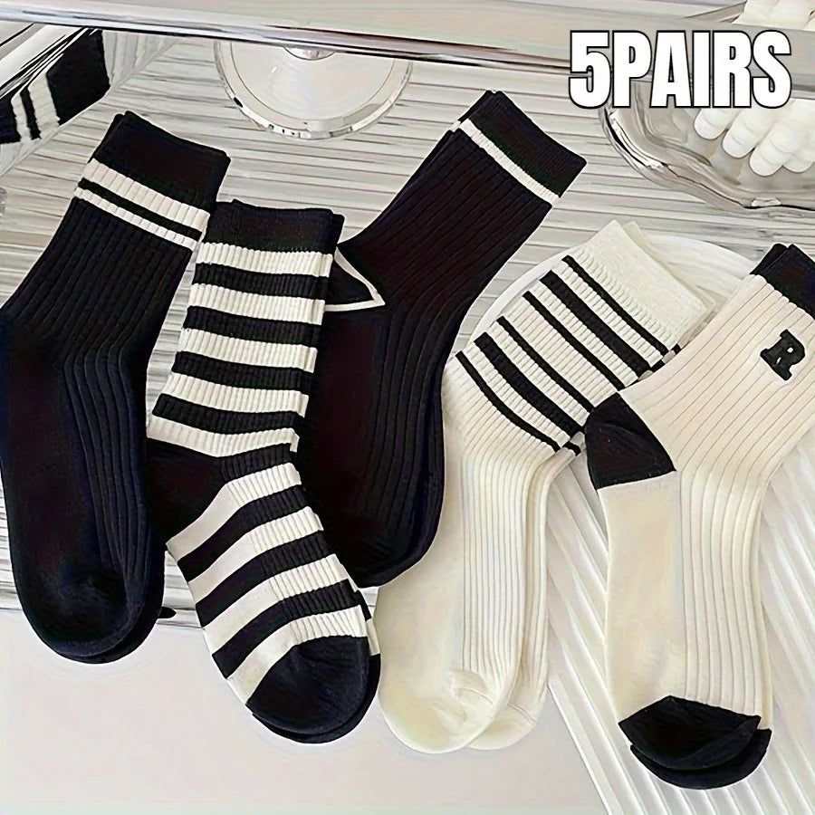 Striped Socks Five Pair Set Casual Unisex Everyday Comfort