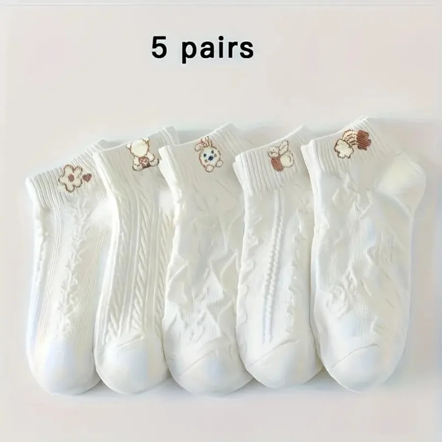 NONECN Five Pairs Cartoon Bear Socks Unisex Floral Pattern