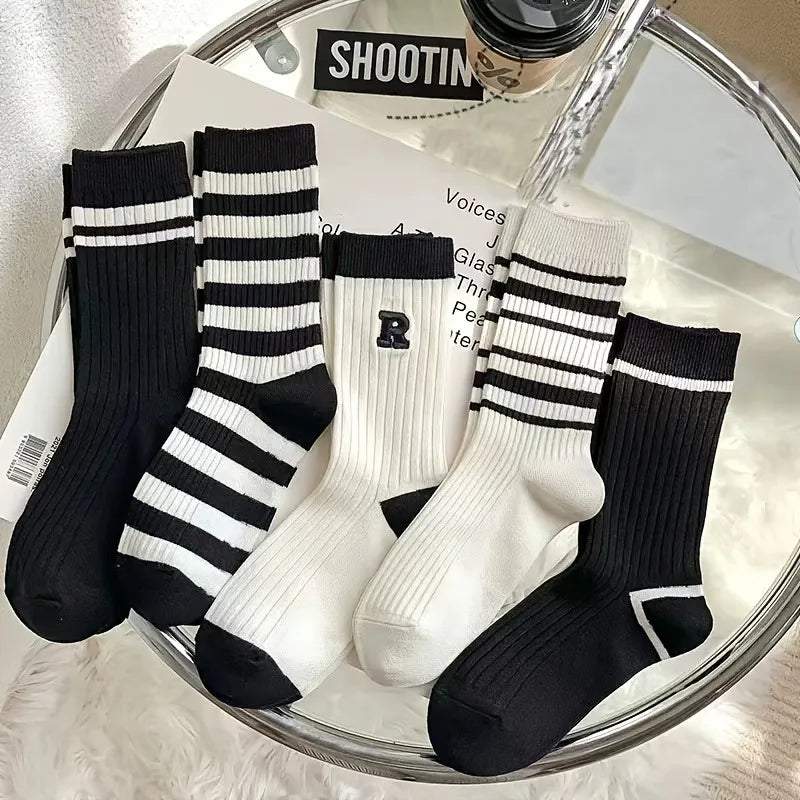 Striped Socks Five Pair Set Casual Unisex Everyday Comfort