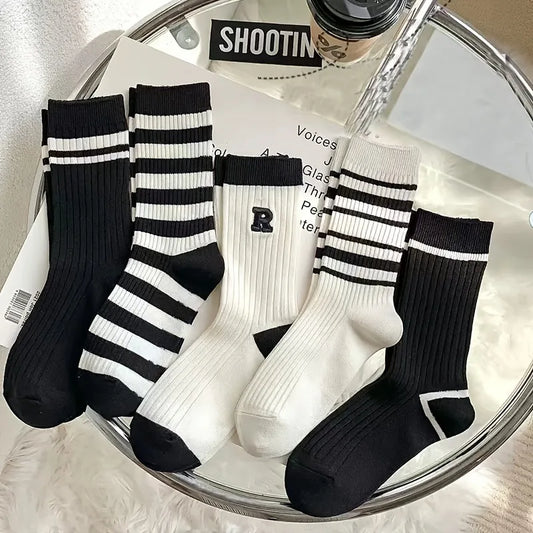 Striped Socks Five Pair Set Casual Unisex Everyday Comfort