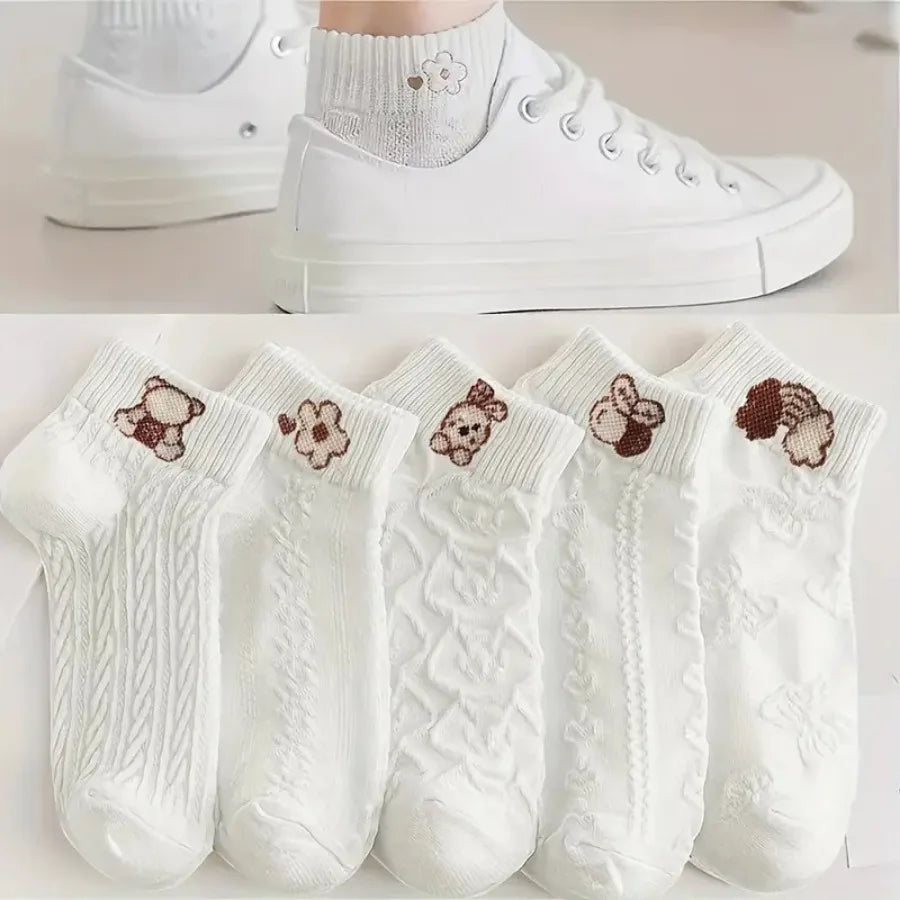NONECN Five Pairs Cartoon Bear Socks Unisex Floral Pattern