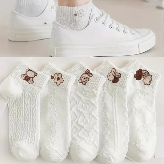NONECN Five Pairs Cartoon Bear Socks Unisex Floral Pattern