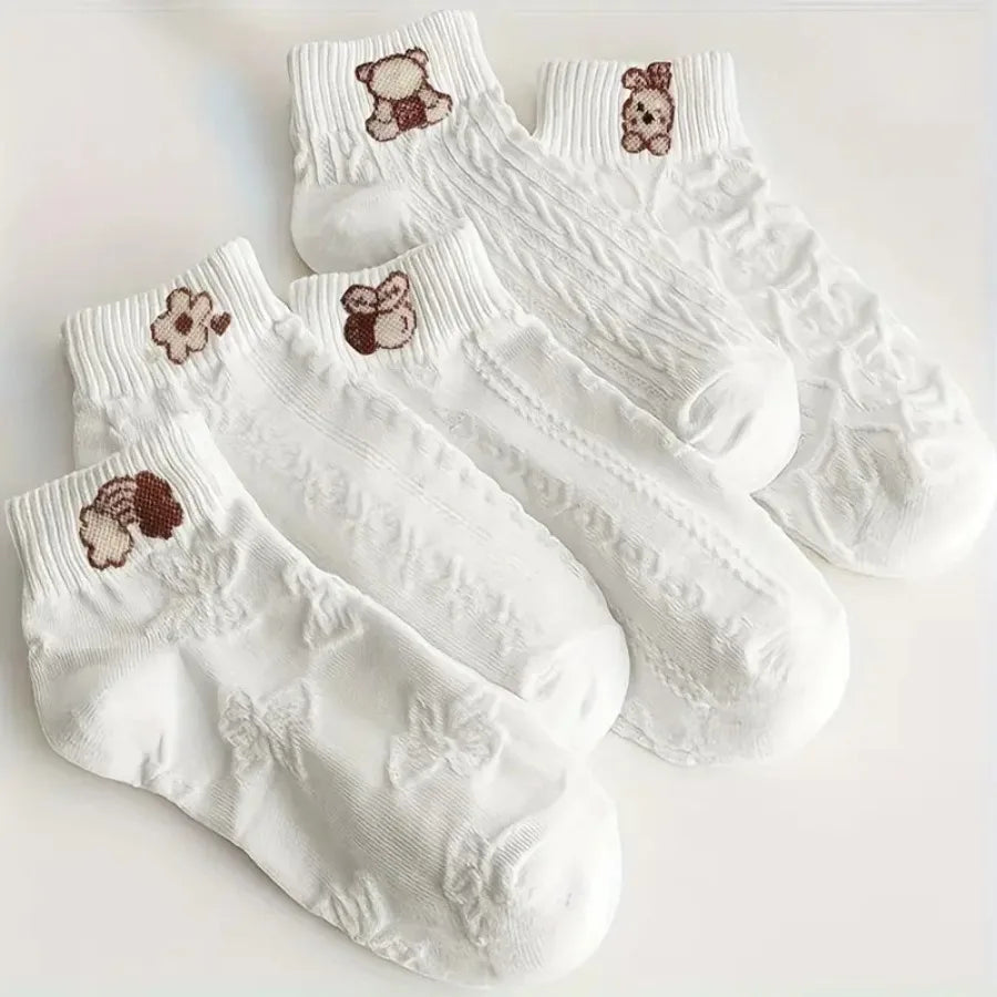 NONECN Five Pairs Cartoon Bear Socks Unisex Floral Pattern