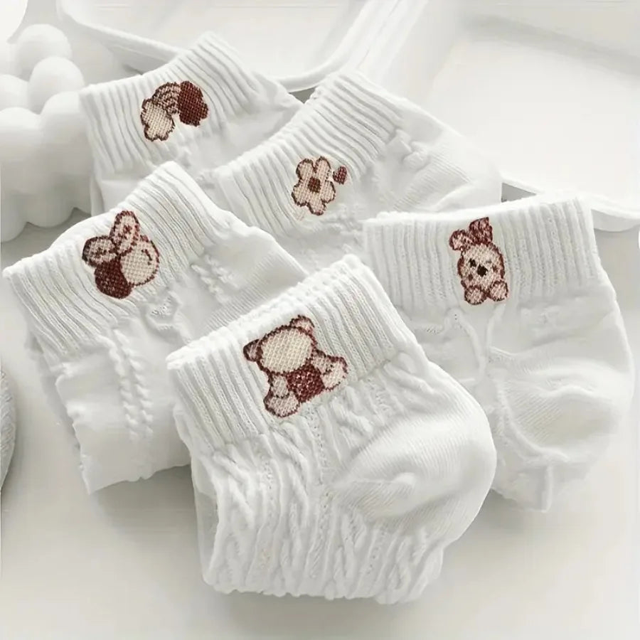 NONECN Five Pairs Cartoon Bear Socks Unisex Floral Pattern