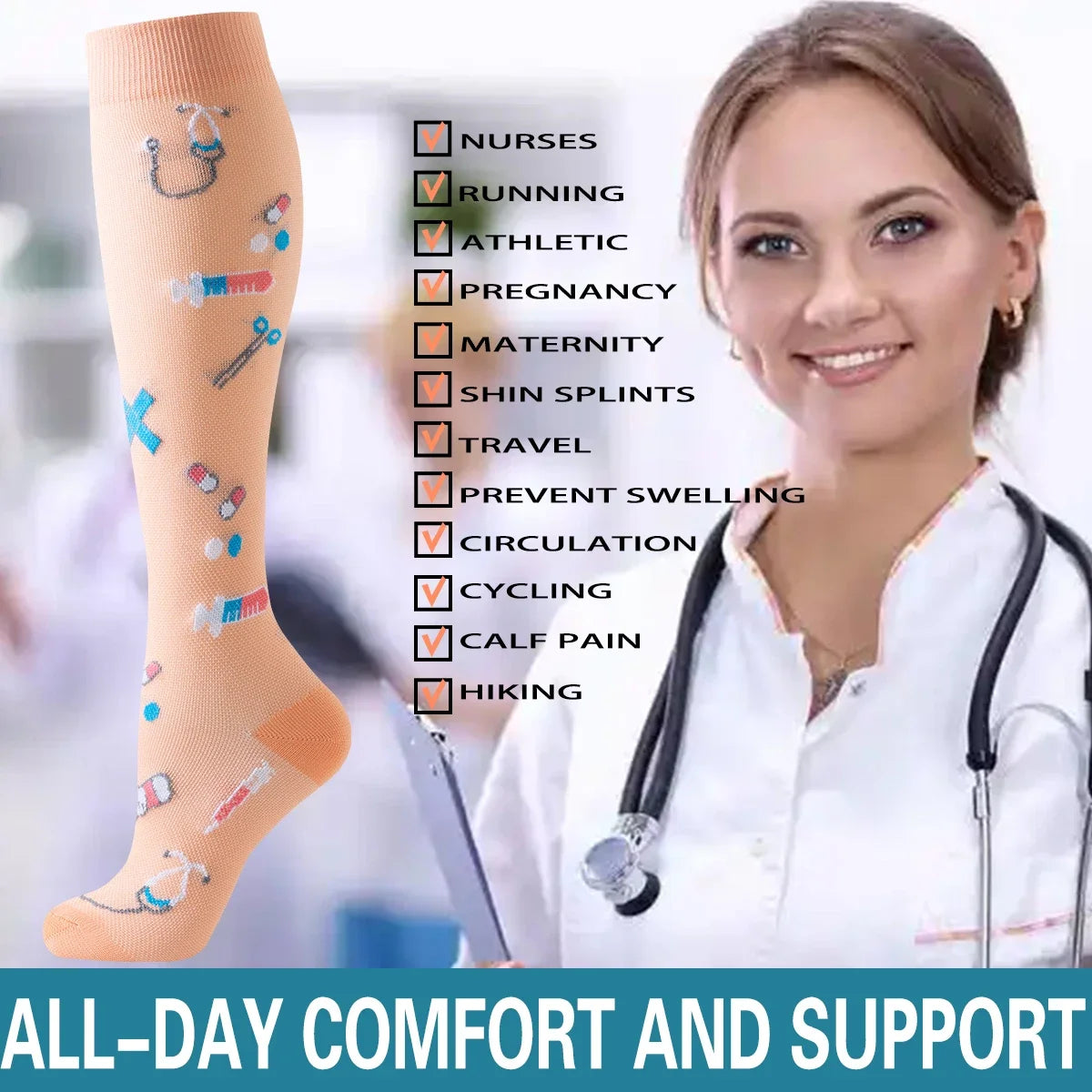 NONECN Womens Athletic Compression Socks Breathable Knee High