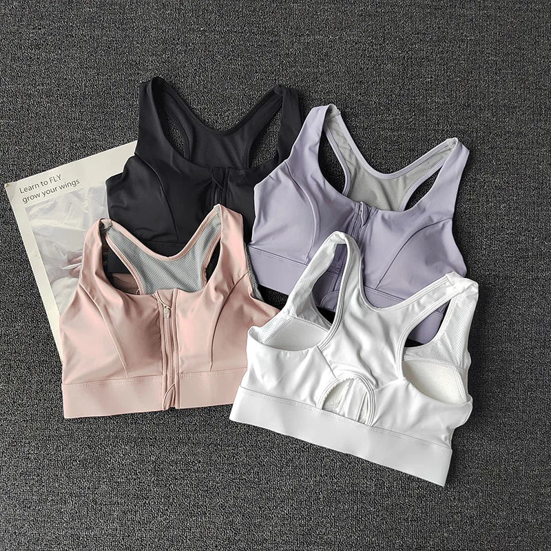 NONECN Front Zipper Sports Bra High Impact Quick Dry Yoga