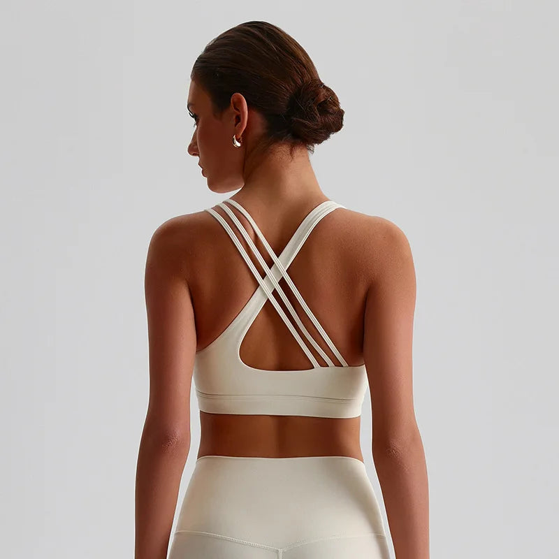 NONECN Cross Back Sports Bra Women Chest Pad Nylon Spandex