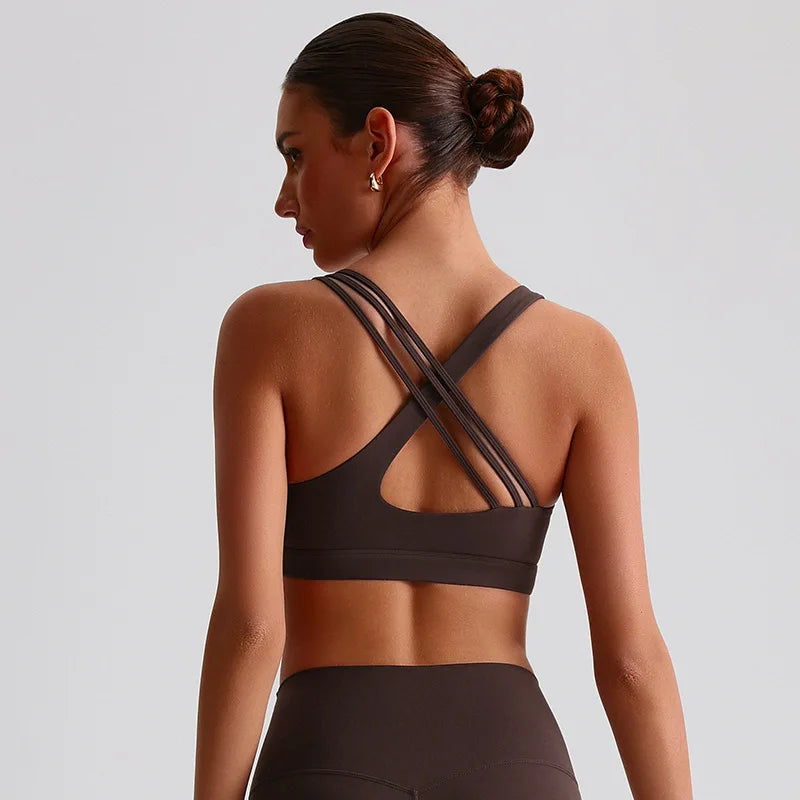 NONECN Cross Back Sports Bra Women Chest Pad Nylon Spandex