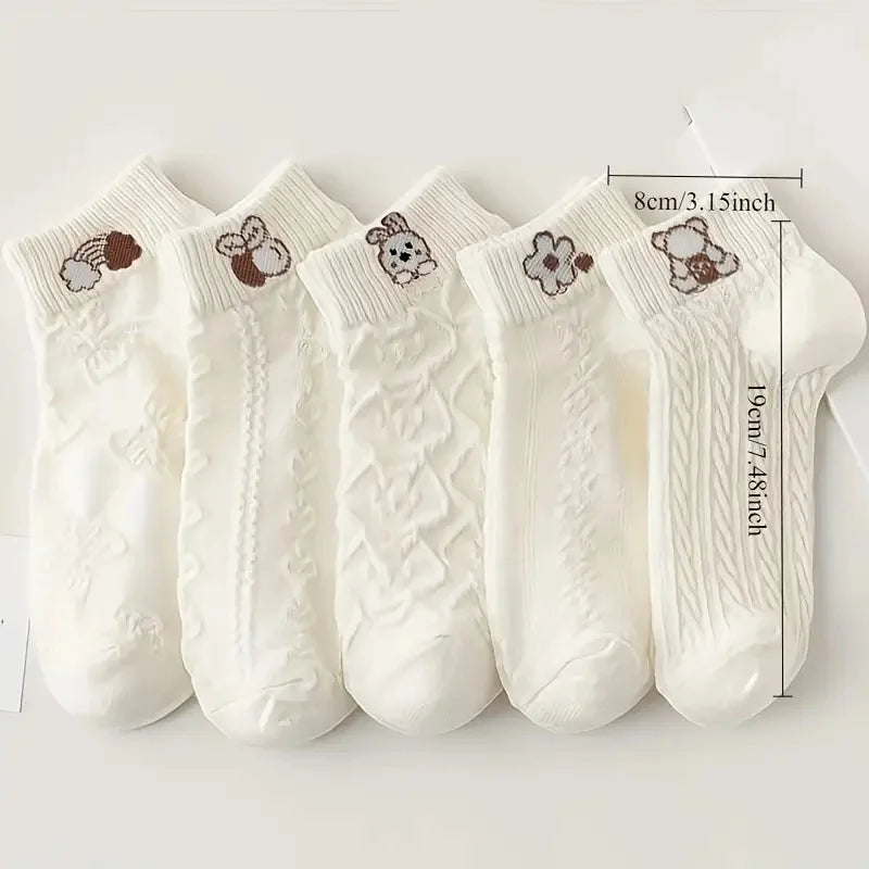 NONECN Five Pairs Cartoon Bear Socks Unisex Floral Pattern