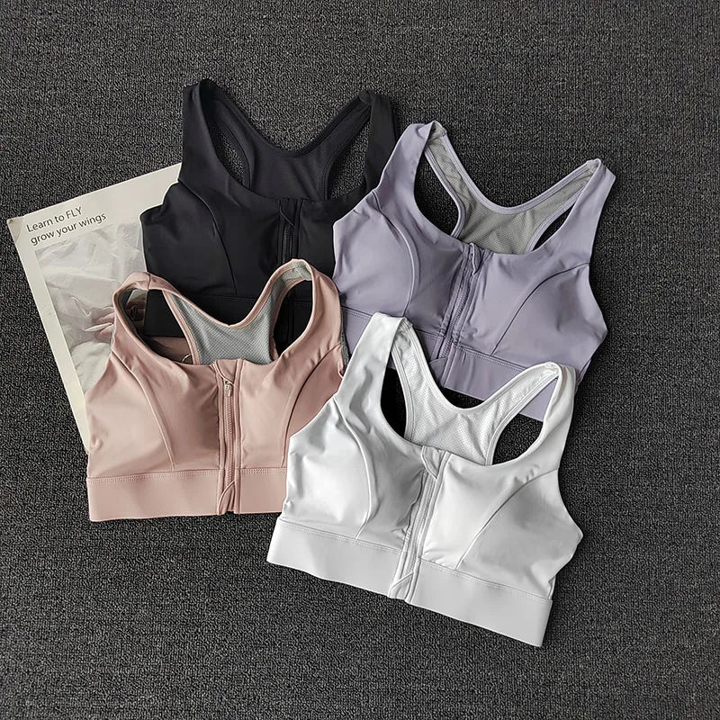 NONECN Front Zipper Sports Bra High Impact Quick Dry Yoga
